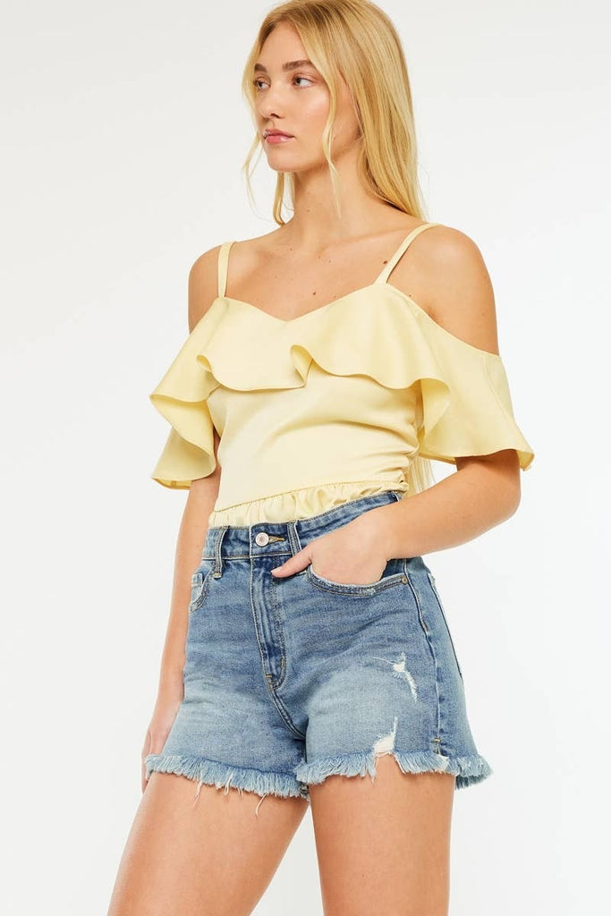 The Leah high rise distressed mid denim shorts from Bailey's Boutique in Ohio, perfect for summer outfits.