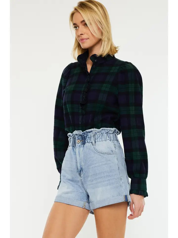 Model wearing The Ammy high rise paper bag shorts and plaid top from Bailey's Boutique, St Mary's OH.